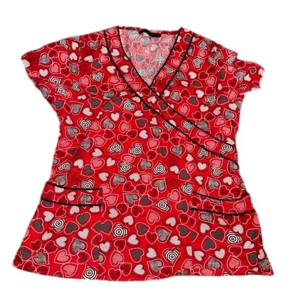 Womens Red Heart Print Scrub Top With V-Neck & Pockets By Flex Size M
